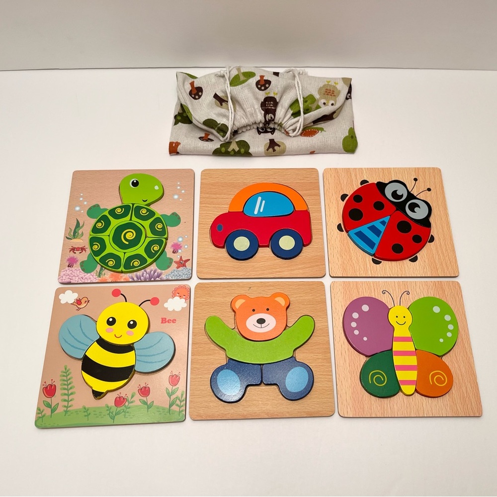 6 Wooden Puzzles Colorful Insects Animals Drawstring Bag 12m+ Early Learning